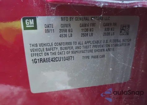 2012 Chevrolet Volt из США, поврежденный, VIN 1G1RA6E42CU104871